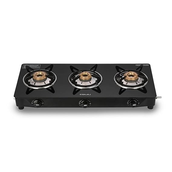 Bajaj UCX 3B Powder Coated Glasstop Gas Stove | 3 Burners | Open Black