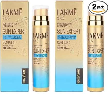 LAKM Sun Expert 1% Hyaluronic water-light Sunscreen gel SPF 50 Pa++++ Best for Oily Skin | Even toned & Glowing Skin | Non-Sticky| Helps reduce pigmentation | UVA/B Protection, No White Cast 56G