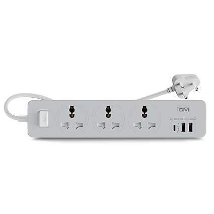 GM Cuba 3341 Extension Board with USB Port Type A & C | 2500 Watt Switch Board Surge Protector | Spike Guard with 1.8 Mtr Cord, 3 International Sockets | Fireproof Upto 750 Degree | 1 Year Warranty