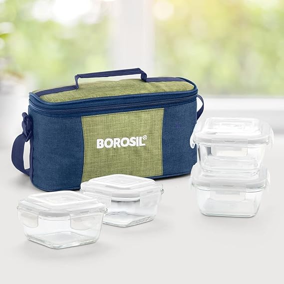 Borosil Ace Series Lunchbox with Bag | 4pc Square Container Set