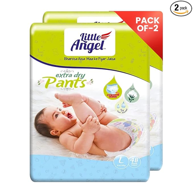 Little Angel Extra Dry Baby Pants Diaper, Large (L) Size, 96 Count, Super Absorbent Core Up to 12 Hrs. Protection, Soft Elastic Waist Grip & Wetness Indicator, Pack of 2, 48 count/pack, 8-14kg