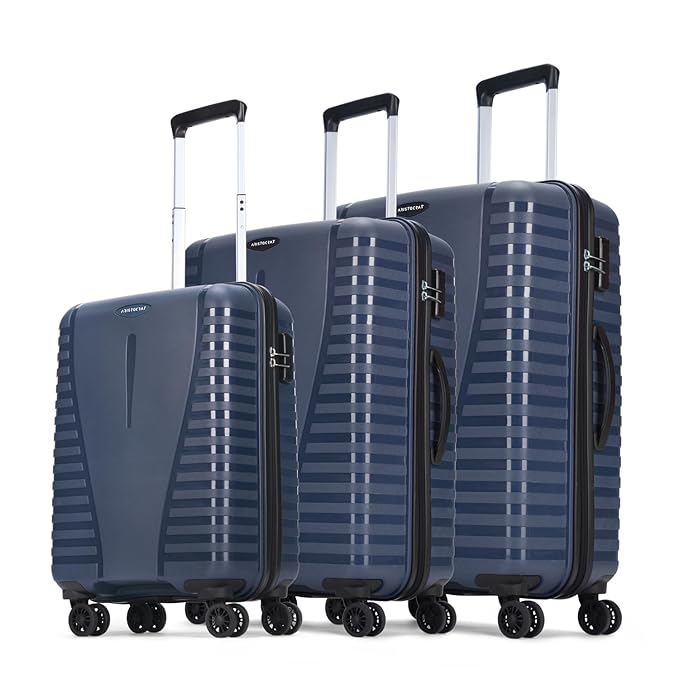 Aristocrat Airpro 3 Pc Set Cabin 55cm (Small) Check-in 66cm (Medium) Check-in 75cm (Large) 8 Wheels Spinner Trolley Bags, Hard Case Luggage, Lightweight Bag & Combination Lock | 7 Years Warranty (Blue)