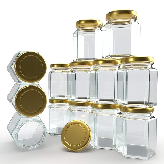 COTIT hexagon Design 250 Gram (ml) Glass jar with Airtight Black Lid for Masala Storage