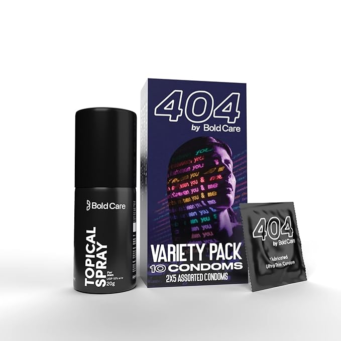 **Bold Care EXTEND Non-Transferable Spray for Men - (Pack of 1) + Bold Care 404 Variety Pack with 2 x 5 Assorted Condoms in each pack - (Pack of 10) - Combo**