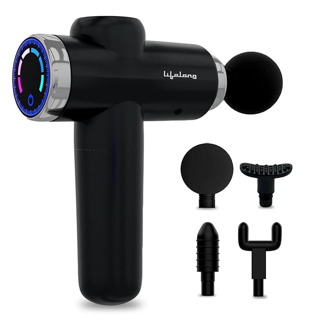Lifelong Gun Massager for Pain Relief with 4 Massage Heads & LCD Touch Display - Battery Powered - Deep Tissue Massage with 6 Speed Settings for Percussion for Full Body (LLGM171, Black)