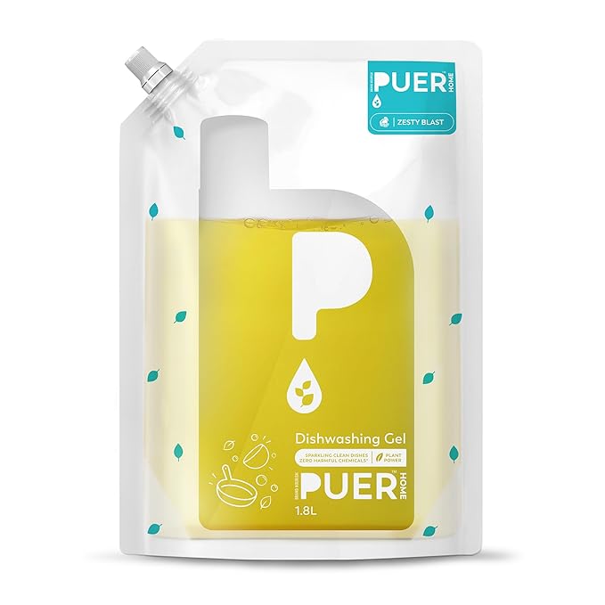 PUER Dishwashing Gel Zesty Blast 1800ml Refill Pouch | Tough Grease Removal with Toxic Free Ingredients | Controls Odour with No Residue & Active Salts