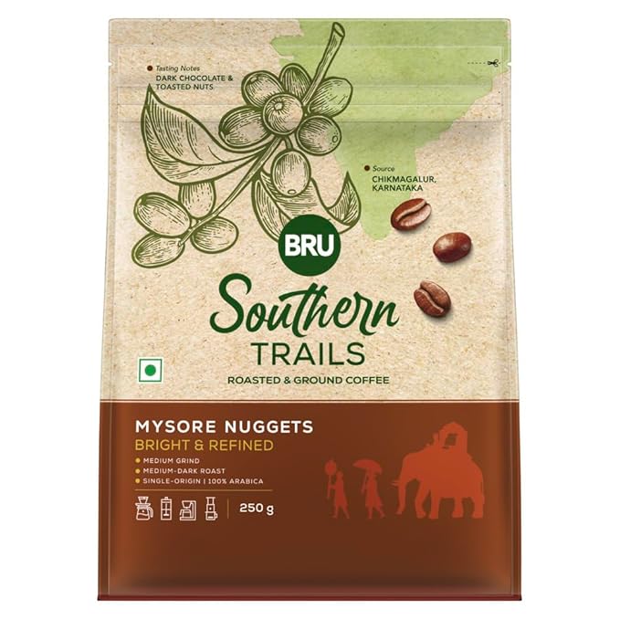 Bru Southern Trails|Mysore Nuggets|Medium-Dark Roast|100% Specialty Grade,Single Origin Arabica Ground Coffee|250 G,Bag