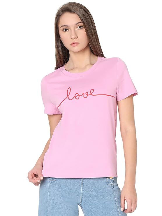 VERO MODA Round Neck Short Sleeves Typographic Printed Cotton Cotton Regular Fit T-Shirt