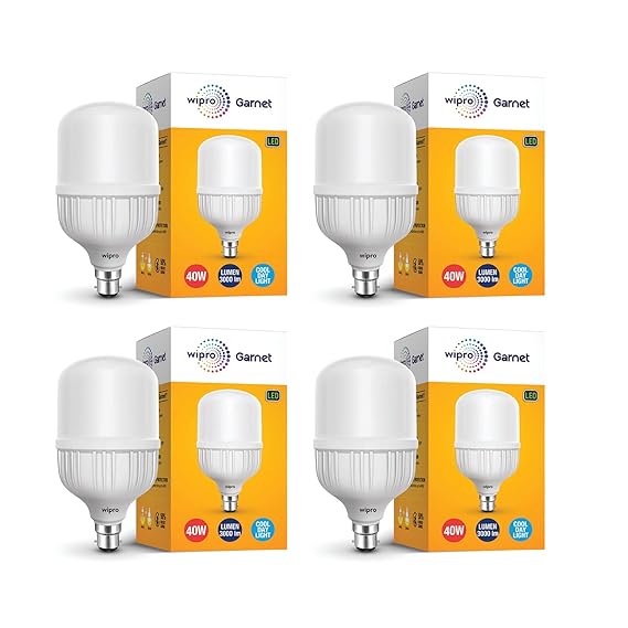 Wipro Garnet 40W LED Bulb for Home & Office |Cool Day White (6500K) | B22 Base|220 degree Light coverage |4Kv Surge Protection |400V High Voltage Protection |Energy Efficient | Pack of 4