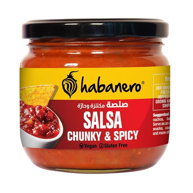 Habanero Spicy Hot Mexican Salsa Dip | Non-GMO | Gluten Free l 100% Vegan l Made In Small Batches l Made with sun ripened tomatoes, fresh onions and hopped up with locally sourced chilies| Use as spicy pizza or pasta sauce or Sandwich Spreads l Mix salsa sauce in cheese spread and enjoy as Nacho chips dip l Enjoy the salsa dip with Nachos, Garlic Bread, Sandwich Burger, Noodles, Momos | Replacement to tomato ketchup| 270G