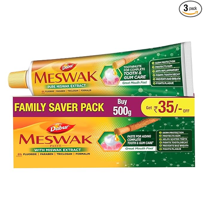 Dabur Meswak Complete Oral Care Toothpaste - 500g (2 x 200g + 1 x100g) | Complete Oral & Gum Care Toothpaste | Contains Pure & Rare Miswak extract | No added Fluoride, Paraben, Triclosan & Formalin