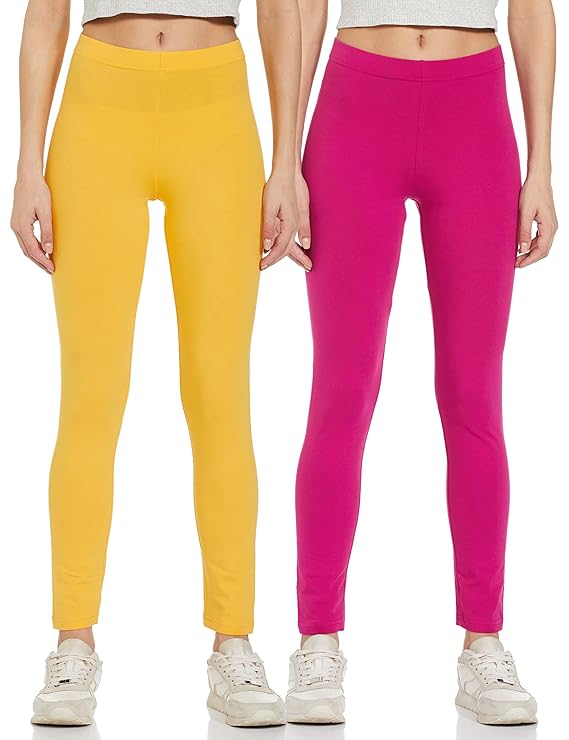 Amazon Brand - Symbol Women's Straight Mid Rise Ankle Length Cotton Stretch Skinny Fit Leggings (Pack of 2)