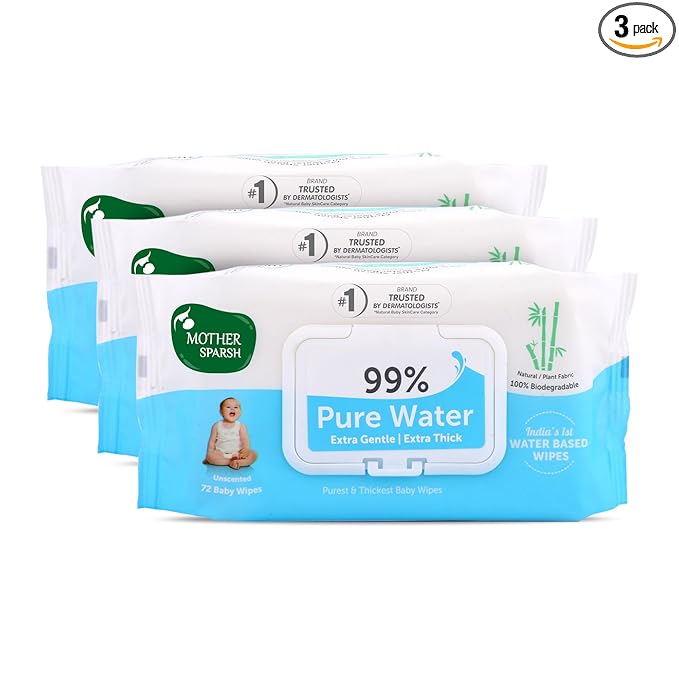 Mother Sparsh 99% Pure Water (Unscented) Baby Wipes I Natural Plant Made Cloth - Super Thick I 72pcs/Pack - Pack Of 3
