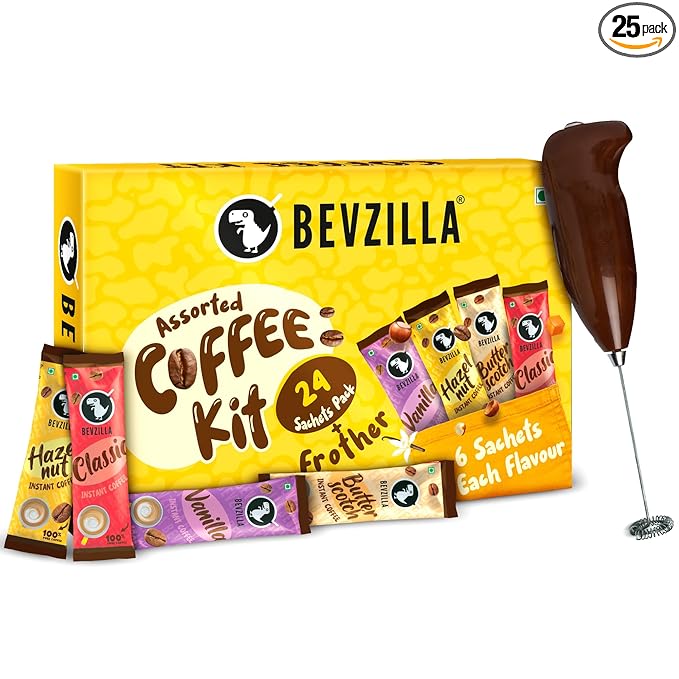 Bevzilla 24 Coffee Sachets & Frother (24 X 2 Gram Sachets) | 6 Pouches Each Flavour | Café coffee Kit |Hazelnut, Colombian Gold, Vanilla & Butterscotch | 100% Arabica Beans|Enjoy Hot & Cold