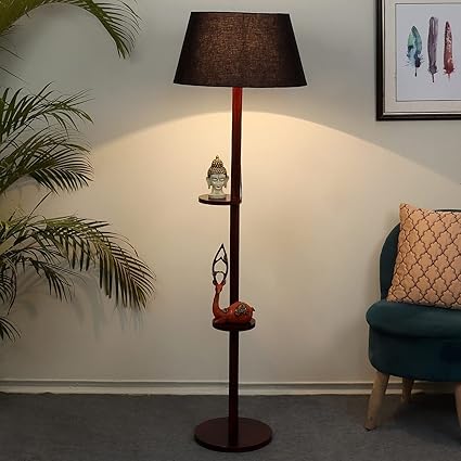 tu casa Floor Lamps with Mango Wood Base & Black Cotton Shades for Home Décor, Bedrooms Corner, Living Room, Gifting, Diwali Decoration, Dining Space, Study Room, Hall (H- 148cm) - Bulb not Included