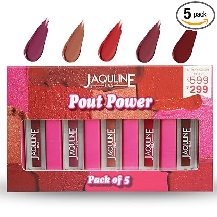 Jaquline USA Pout Power Set Of 5 Liquid Matte Lipstick | Waterproof | Smudge Proof | Transfer Proof |Long Lasting | Hydrating & Lightweight| (5X1.25Ml)