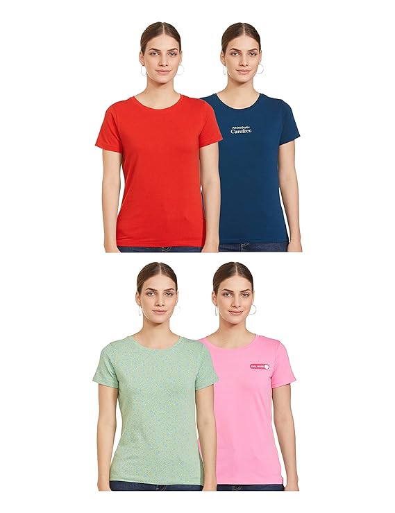 Amazon Brand - Symbol Women's Cotton Half Sleeve Round Neck Regular Fit T-Shirt (Assorted Prints | Pack of 4)