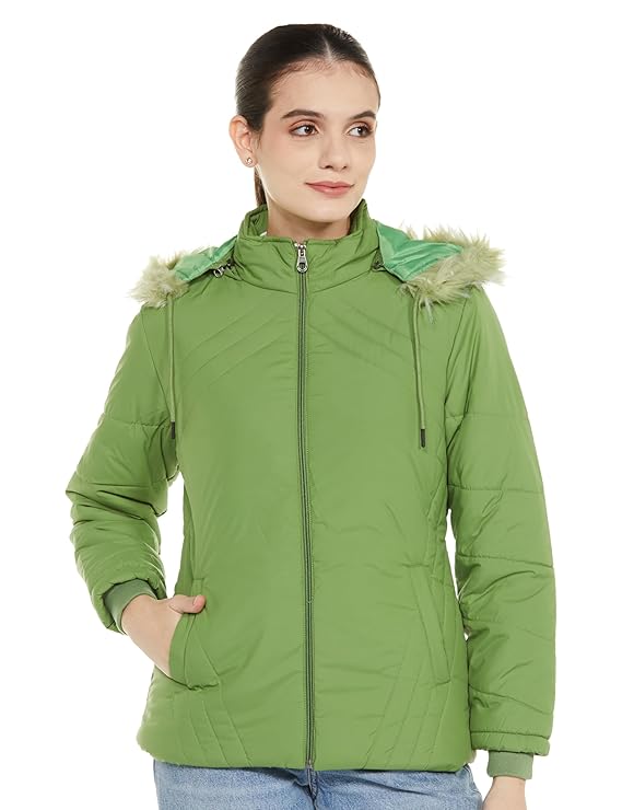 Qube By Fort Collins Women's Polyester Standard Length Regular Fit Bomber Jacket with Detachable Hood - Stylish & Comfortable Winter Wear