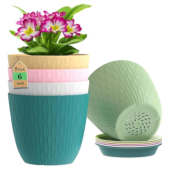 Eightiz (Pack of 5 6 Inch Plastic Flower Pots for Indoor & Outdoor Garden Plants)