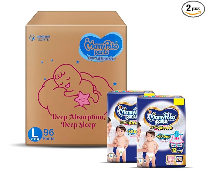 MamyPoko Pants Extra Absorb Baby Diapers, Large (L size) | 9-14 kg | 96 Count |Deep Sleep Diapers| Soft gentle fit |Deep Absorbent Crisscross | skin friendly with coconut oil |
