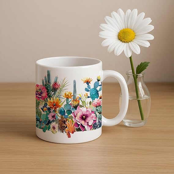 ICORA Ceramic Coffee Mug 330ML with Colorful Cactus Floral Print for Tea Coffee Lovers