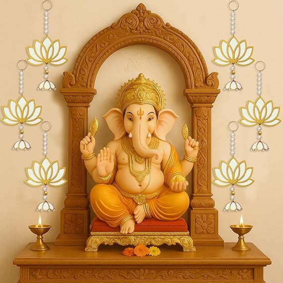 BENAVJI Handmade MDF Wood Lotus Hangings Jhumki Style for Home Wall Decor Diwali Ganpati Navratri Wedding Mandir Pooja Rooms Event Backdrops All Festival Decorations Cream Color Lotus Pack of 6