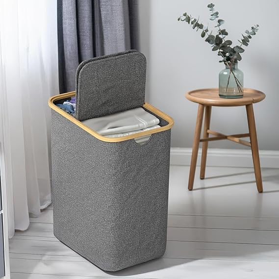 Lifelong Laundry Basket for Clothes with Lid | 2 Compartment Laundry Bag | Foldable Cloth & Toy Storage Basket | Sturdy & Space-Saving Design with Bamboo Frame (LLHILB03, Grey)