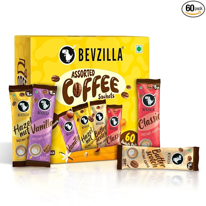 Bevzilla 60 Instant Coffee Powder Sachets(4 Flavours) - 120 Grams | Hazelnut, Classic, Vanilla & Butterscotch|15 pouches Each Flavour|100% Strong Arabica Coffee