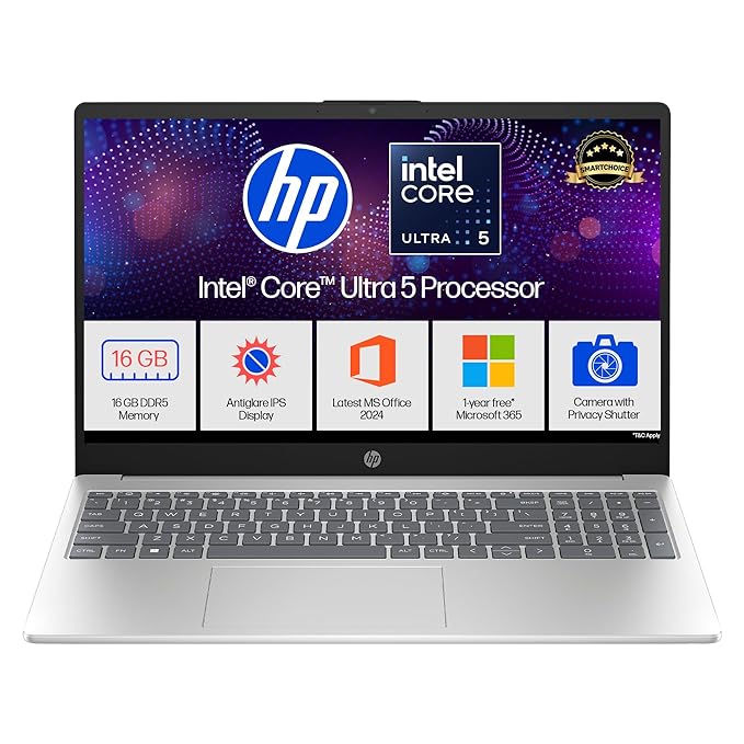HP 15, Intel Ultra 5 125H, 12 TOPS (16GB DDR5, 1TB SSD) FHD, IPS, 15.6''/39.6cm, Win11, M365 Basic(1yr)* Office24, Silver, 1.65kg, fd1255TU, Intel Arc Graphics, FHD Camera w/shutter, AI powered Laptop