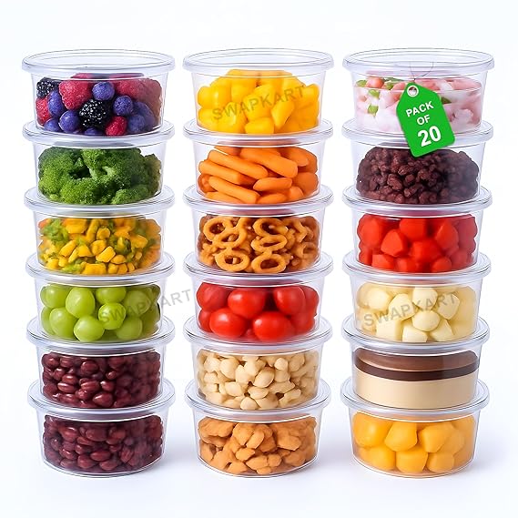 SWAPKART (Pack of 20) Fridge Storage Boxes Freezer & Refrigerator Organizer Containers Kitchen Accessories Items for Home Food Storage,Meal,Takeaway & Delivery,Picnic and Outdoor (500 ml,Transparent)