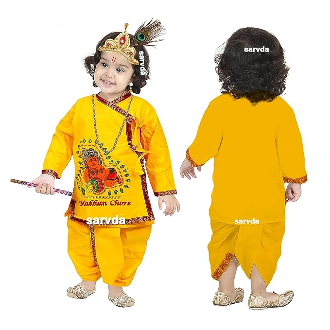 Sarvda Shree Krishna Dress for Baby Boy & Radha Dress for Girls | Janamashtami Dress | Fancy Dress Costume with Accessories Dhoti, Dupatta, Mukut Flute Complete set, Ethnic wear