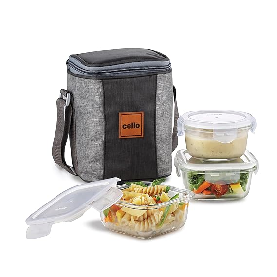 CELLO Glassy Mix Lunch Box Set of 3 (240 ml x 1 & 320ml x 2), Clear | Microwavable Toughened Glass | Leak Proof Design | Tiffin for Office/School/College
