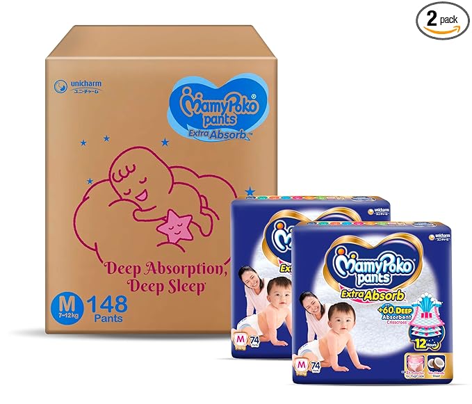 MamyPoko Pants Extra Absorb Baby Diapers, Medium (M size) | 7-12 kg | 148 Count |Deep Sleep Diapers| Soft gentle fit |Deep Absorbent Crisscross | skin friendly with coconut oil |