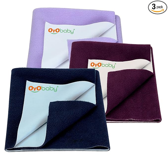 OYO BABY Anti-Piling Fleece Extra Absorbent Instant Dry Sheet for Baby, Baby Bed Protector, Waterproof Sheet, Small Size 50x70cm, Pack of 3, Dark Blue, Plum & Voilet