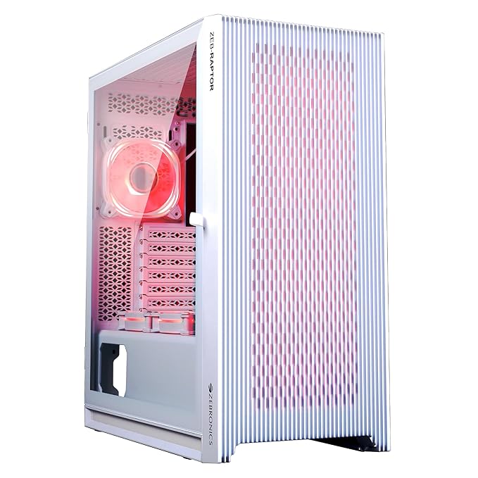 ZEBRONICS Glass Raptor Mid-Tower Premium Gaming Cabinet Eatx/ATX/Matx, 3X 120Mm Front + 2X 120Mm Bottom Fan + 1X 120Mm Rear Fan, Argb Inner Glow, RGB Led Control, (White)