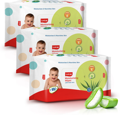 LuvLap Paraben Free wipes for baby with Aloe Vera, Fragrance Free, 72 wipes/pack (216 Wipes)
