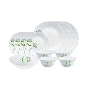 Larah by Borosil Green Lily Opalware Dinner Set, 13 -Piece, White