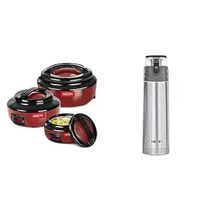 Milton Ernesto Inner Stainless Steel Casserole Set of 3 (420 ml, 850 ml, 1.43 litres), Red & Milton Atlantis 900 Thermosteel Hot and Cold Water Bottle, 750 ml, Silver