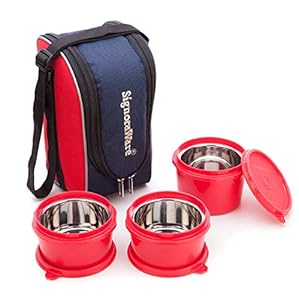 Signoraware Stainless Steel Executive Microsafe Steel 3 Tier Lunch Box (Red) - Set of 3