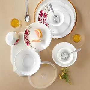 Larah by Borosil Silk Series Rose Red Opalware Dinner Set with Steel Spoon | 41 Pcs for Family of 6 | Microwave & Dishwasher Safe | Bone-Ash Free | Crockery Set for Dining & Gifting | Plates & Bowls