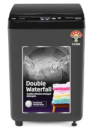 Voltas Beko, A Tata Product 6.5 Kg 5 Star Fully-Automatic Top Loading Washing Machine (WTL6504UEA/OBS2P10 Eco-Series,Dark Grey, Pulsator wash and Double waterfall technology)