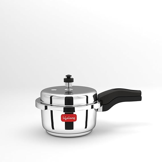Lifelong Stainless Steel Pressure Cooker 2Liters | Induction & Gas Stove Compatible with Outer Lid, ISI Certified & Lock System |Safe & Durable Kitchen Essential with 5 Years Warranty (Silver)