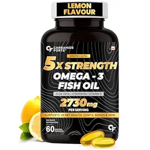 Carbamide Forte 5X Strength Omega 3 Fish Oil Capsules 2730mg with Omega 3 Supplement 1590mg and added Vitamin A, D, E & Aloevera with Fish Oil for Men & Women - 60 Softgel Capsules