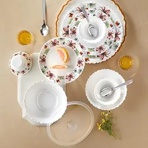 Larah by Borosil Silk Series Bali Opalware Dinner Set with Steel Spoon | 41 Pcs for Family of 6 | Microwave & Dishwasher Safe | Bone-Ash Free | Crockery Set for Dining & Gifting | Plates & Bowls