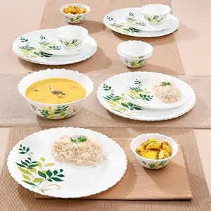 Larah by Borosil Fluted Series Fern Opalware Dinner Set | 19 Piece for Family of 6 | Microwave & Dishwasher Safe | Bone-Ash Free | Crockery Set for Dining & Gifting | Plates & Bowls | White