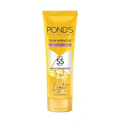 POND'S Sun Miracle SPF 55 PA+++ Light Sunscreen - Protect & Bright, With 3% Niacinamide, Fade Dark Spots in 4 Weeks, Lightweight, No White Cast 50g, All Day Long