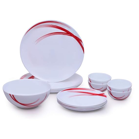Larah by Borosil - Moon Series, Red Stella 13 Pieces Opalware Dinner Set, White