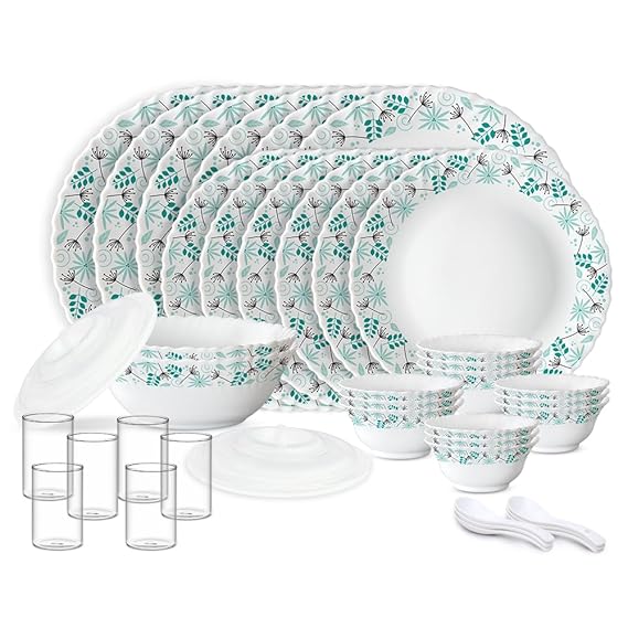 Larah by Borosil Silk Series Stardust Opalware Dinner Set with Vision Glass | 40pcs for Family of 6 | Microwave & Dishwasher Safe | Bone-Ash Free | Crockery for Dining & Gifting | White, Plate & Bowl