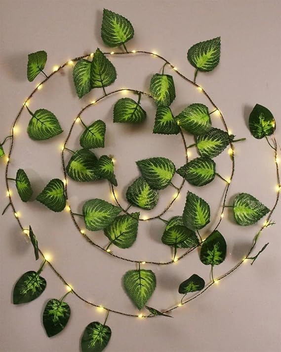 MoonlitDreams LED String Lights, 2.1 Metre Artificial Money Plant Vine with 30 Warm White Lights, Battery Operated Decorative Garland for Indoor Home Bedroom Wall Decorations