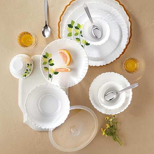 Larah by Borosil Silk Series Green Leaves Opalware Dinner Set for Family